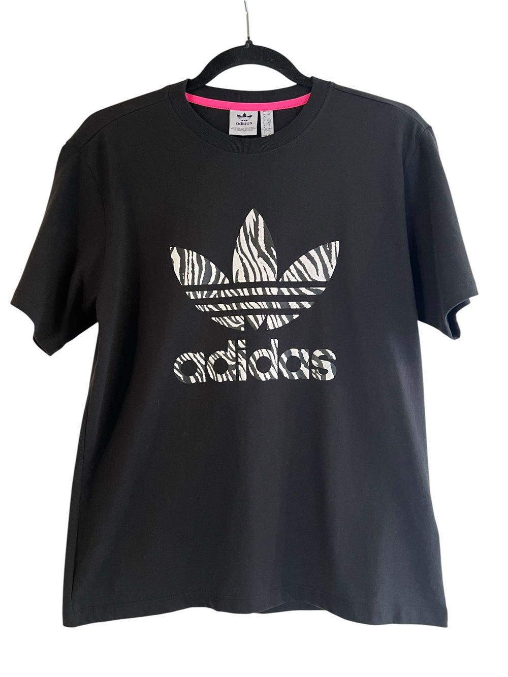 Adidas Black Tee w/ White Zebra Animal Print Trefoil and Pink Neck Trim- S